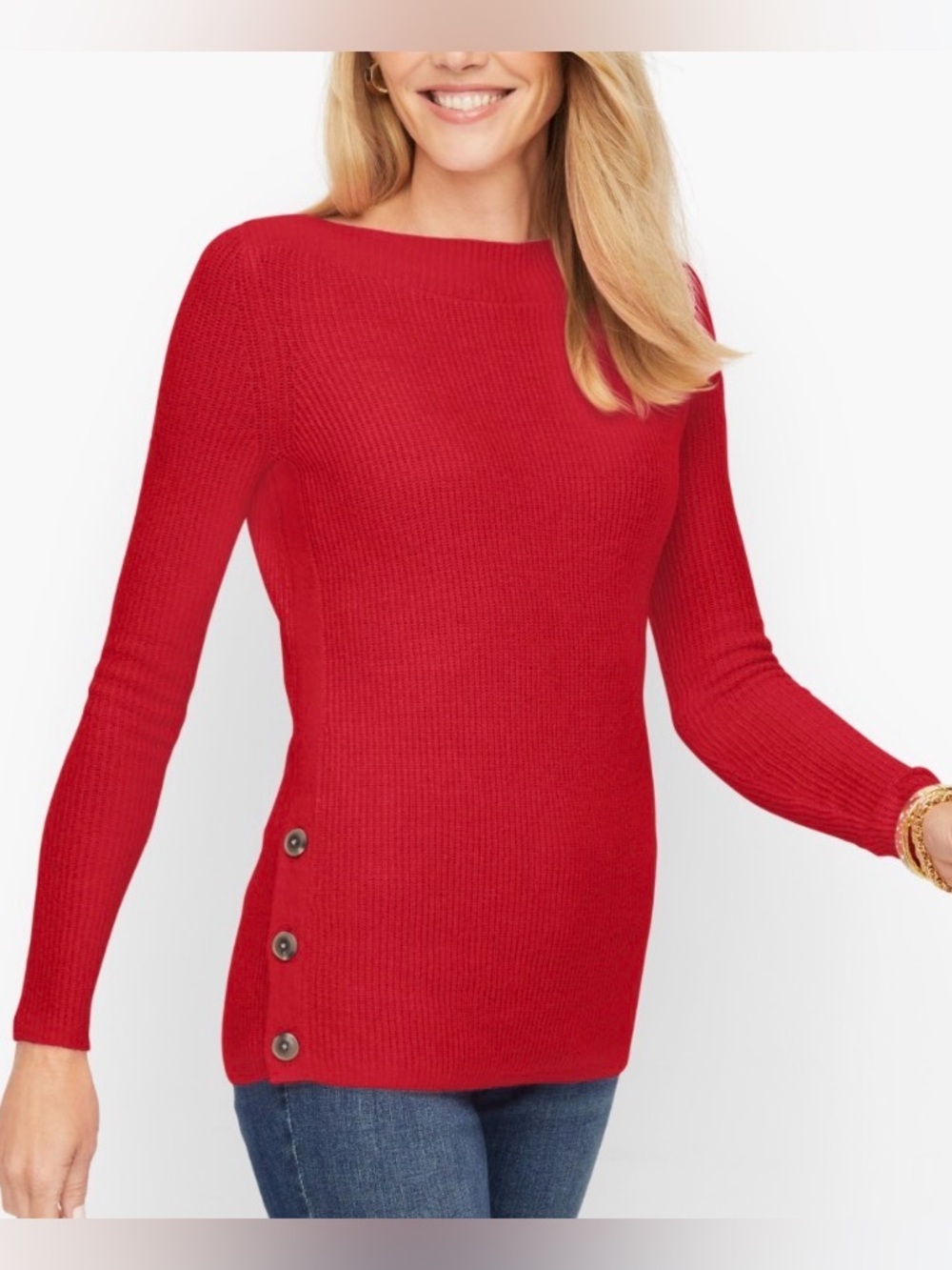 Talbots Plus Red Ribbed Bateau Neck 3-Side Button Cozy Holiday Sweater Size X